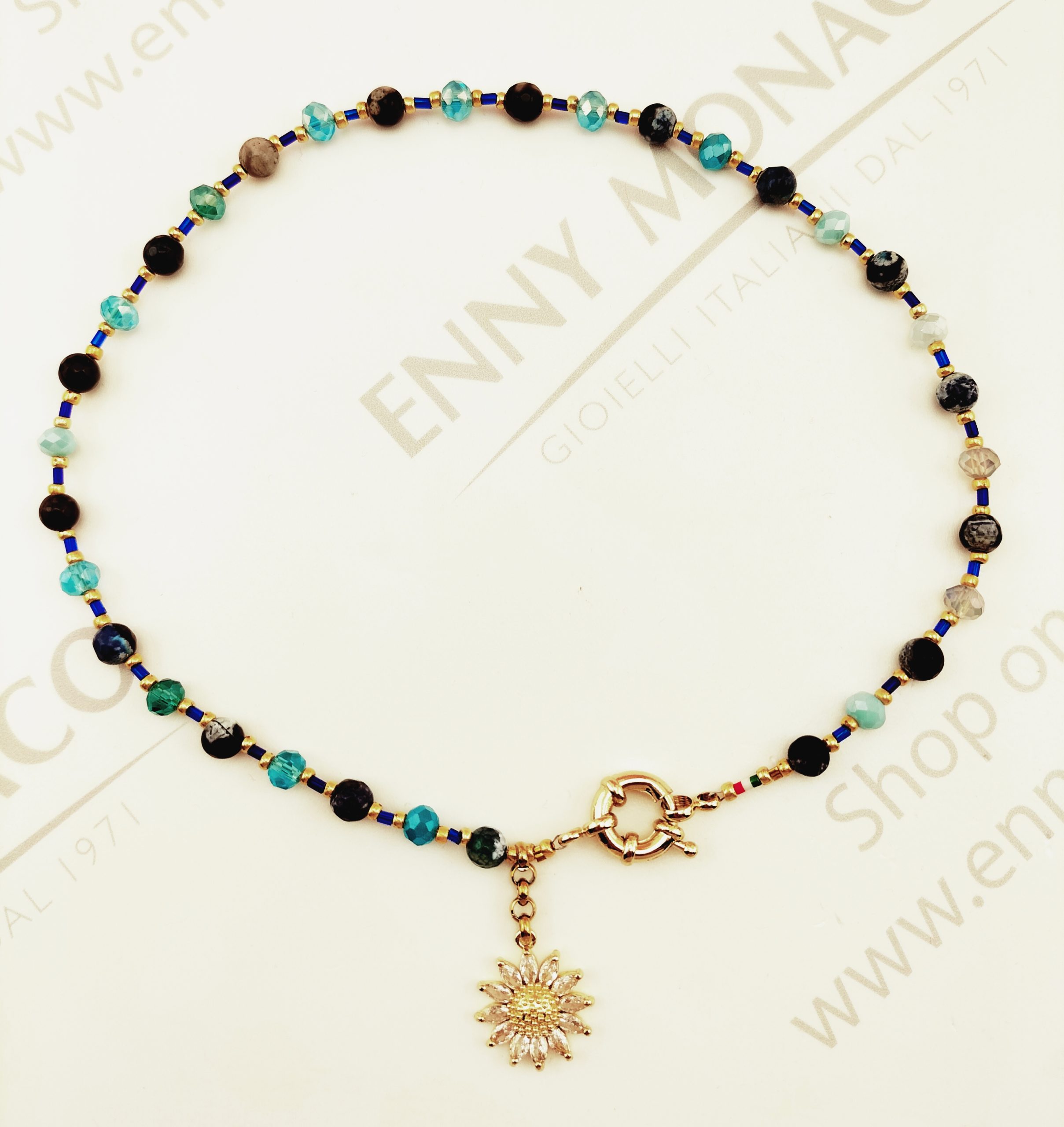 collana girasole navette agate blu