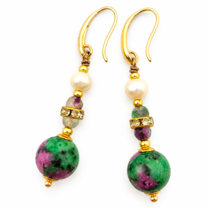 orecchini in lega orafa dorata zoisite perla coltivata rondelle swarovski