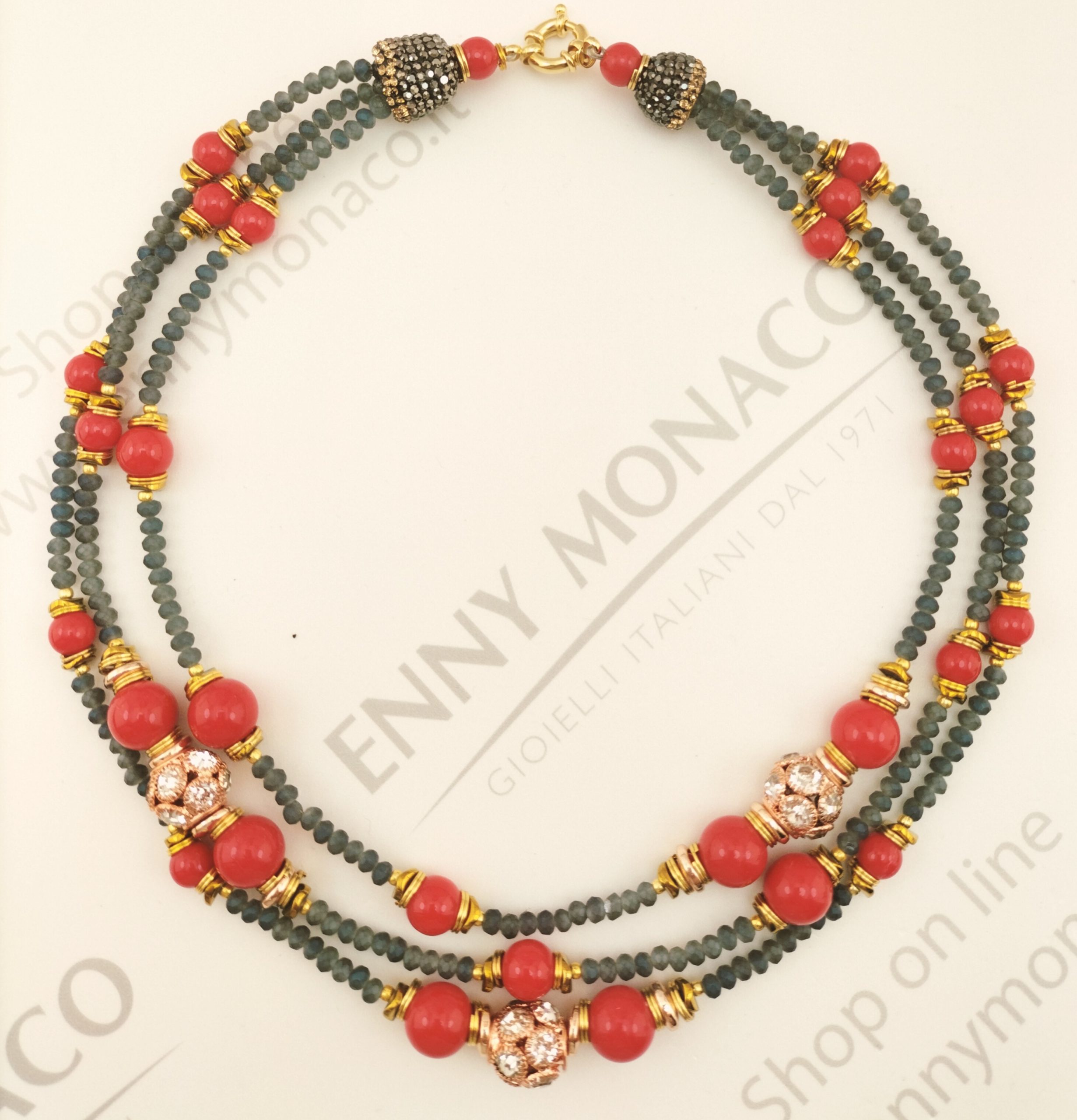 collana 3 fili cristallo sfaccettato grigio satinato