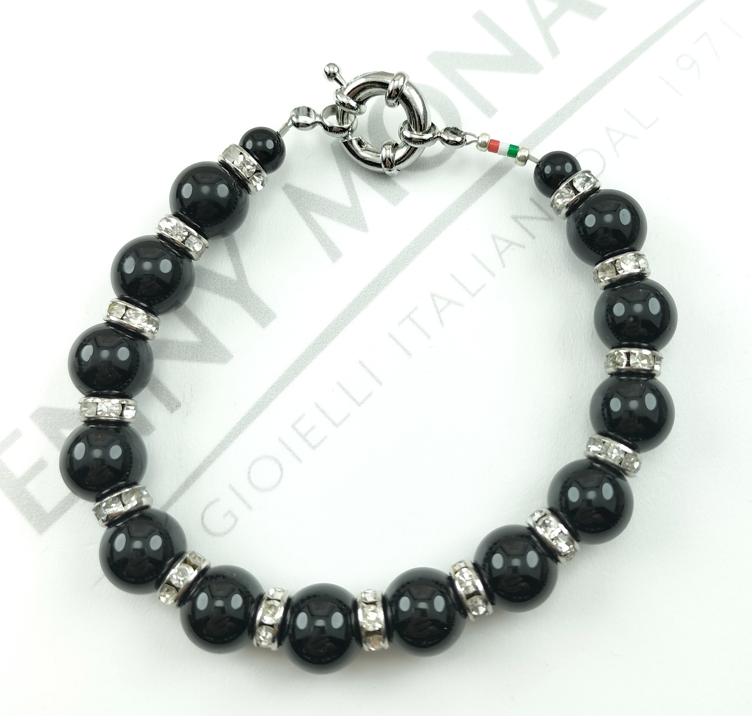bracciale sfere onice 10 mm rondelle swarovski