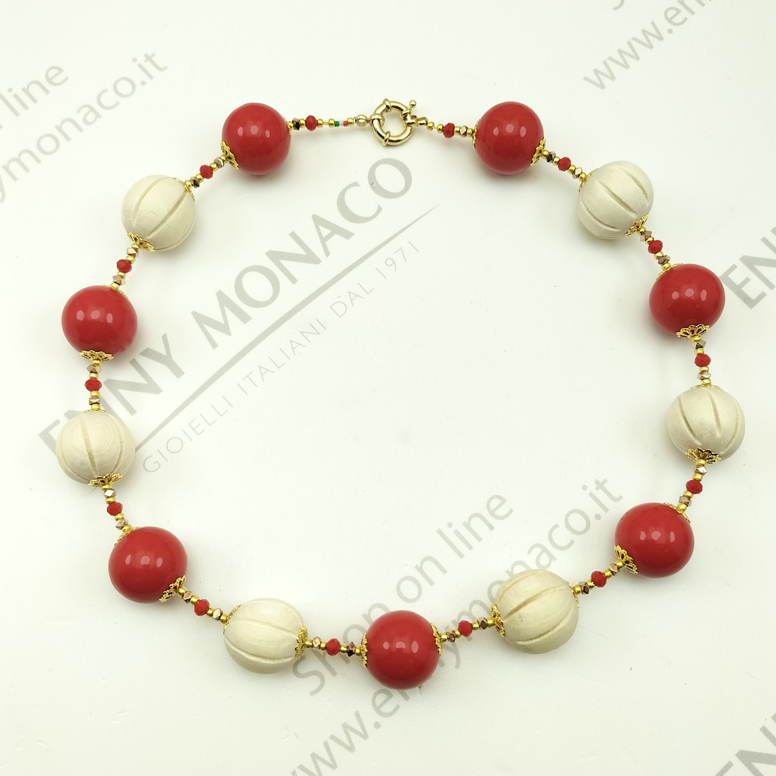 collana sfere betulla 20 mm intarsiate + sfere resinplex rosse