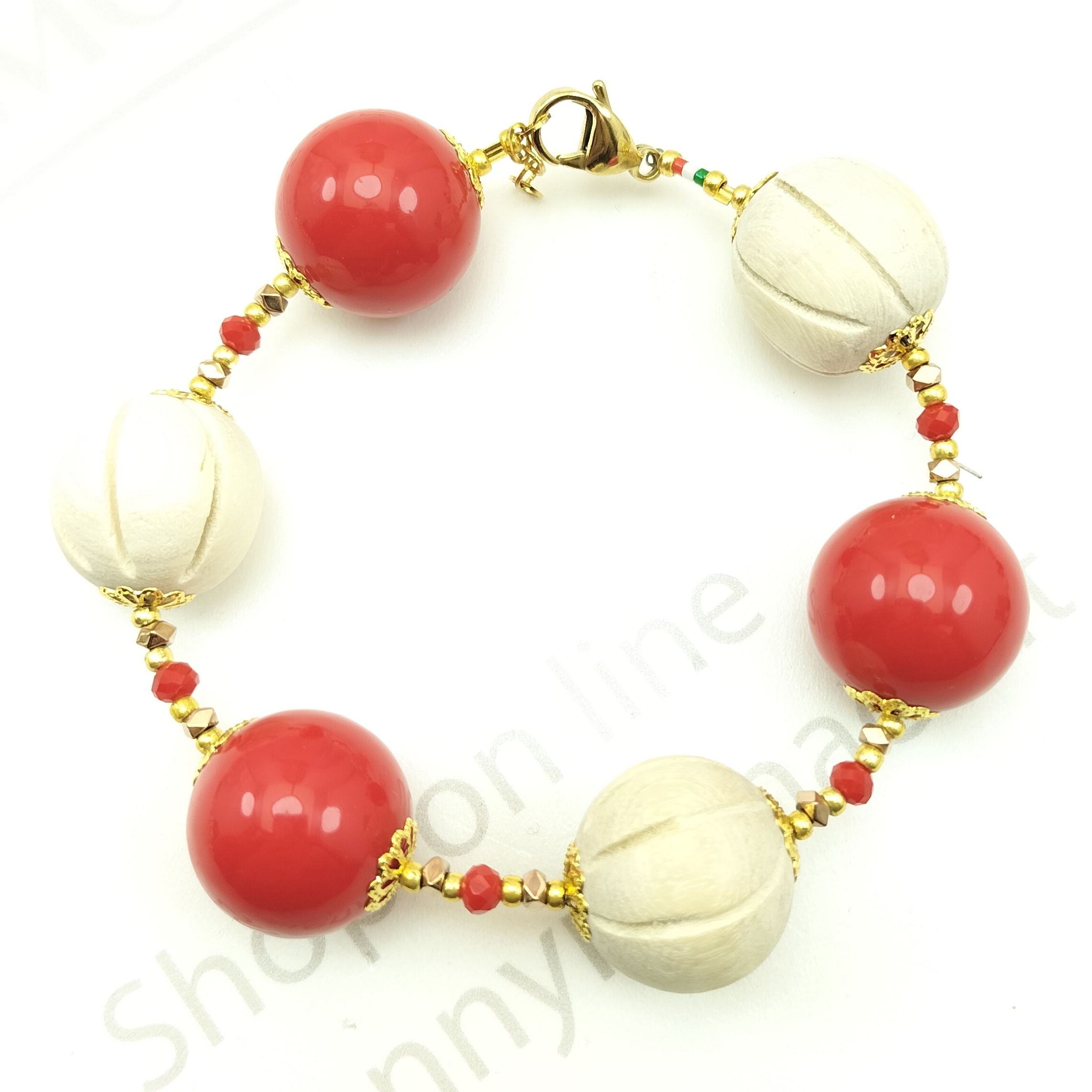 BRACCIALE SFERE BETULLA 20 mm INTARSIATE + SFERE RESINPLEX ROSSE BRACCIALE SFERE BETULLA 20 mm INTARSIATE + SFERE RESINPLEX ROSSE
