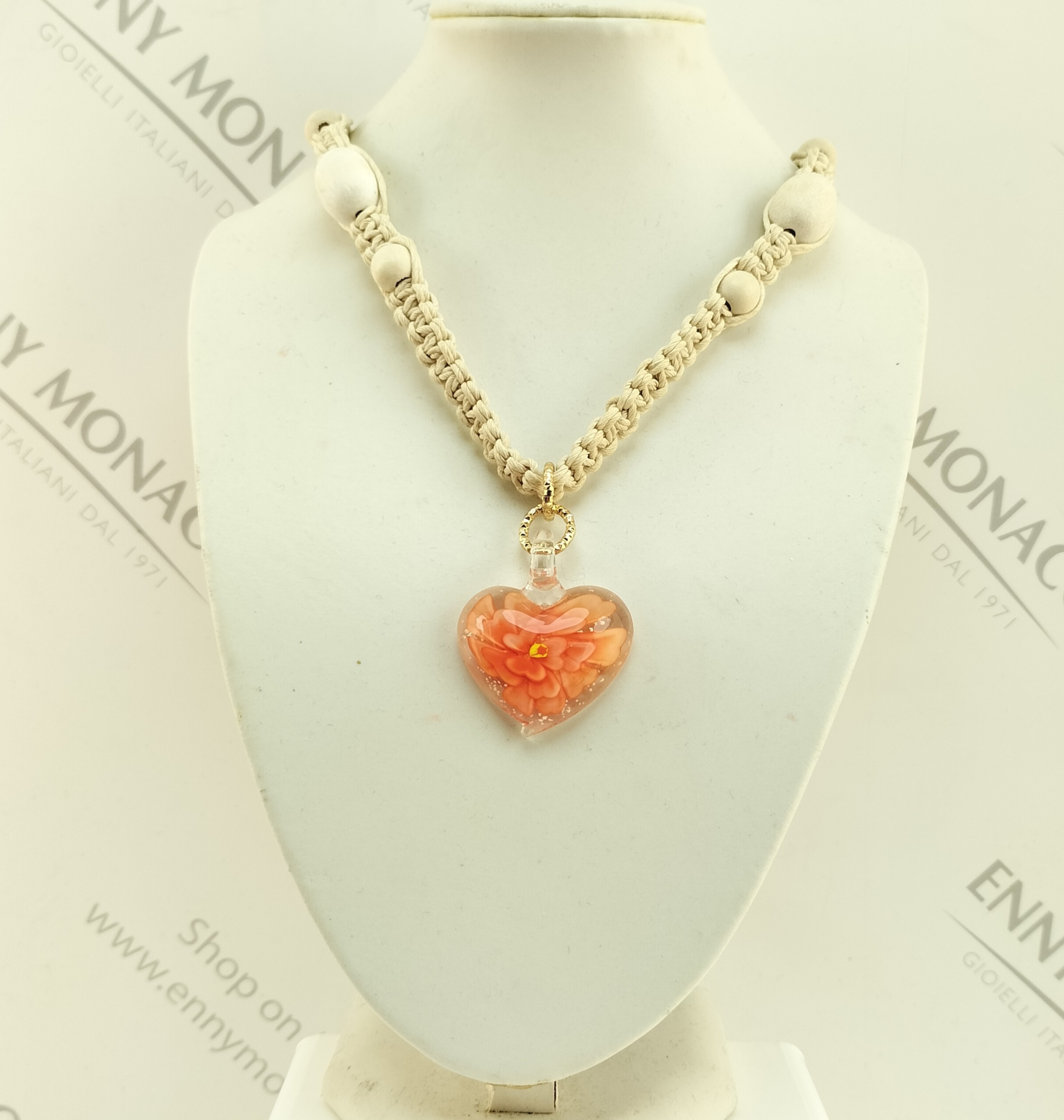 collana cuore vetro murano arancione macrame'
