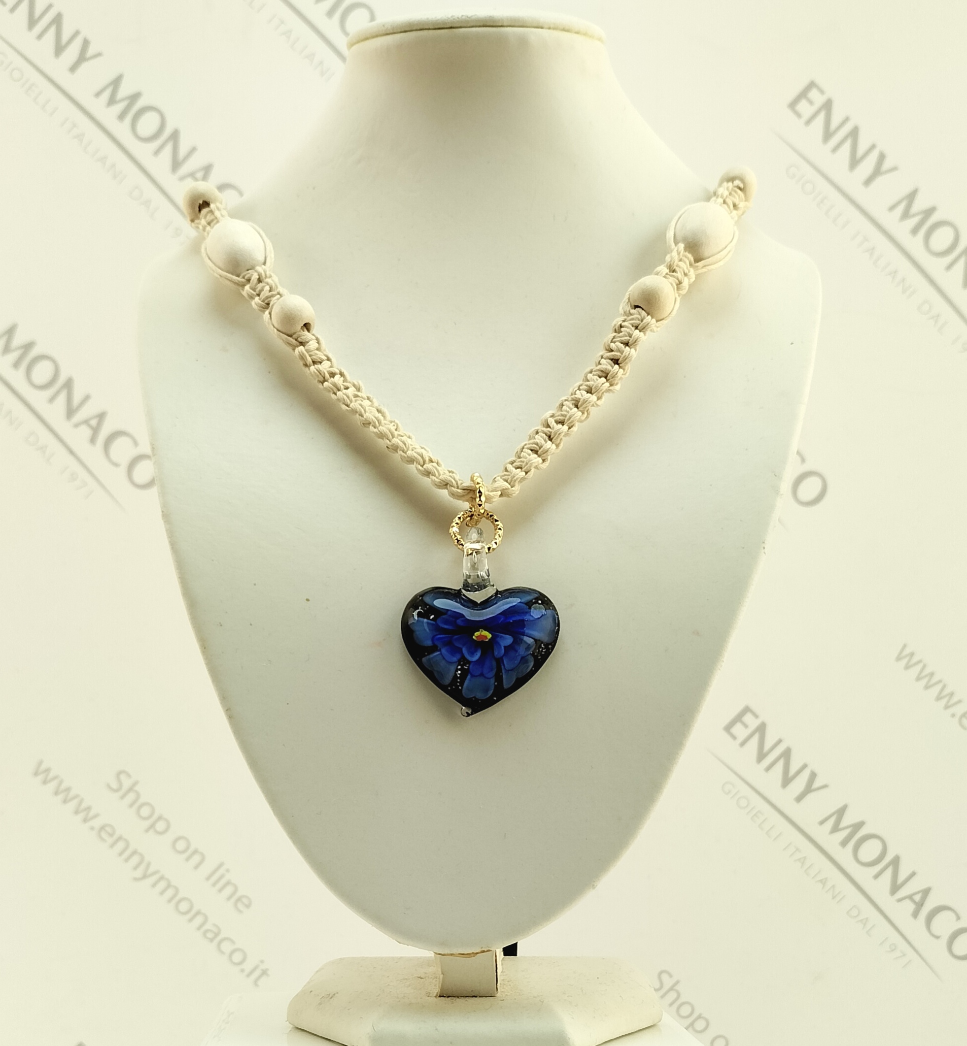 collana cuore vetro murano blu macrame'