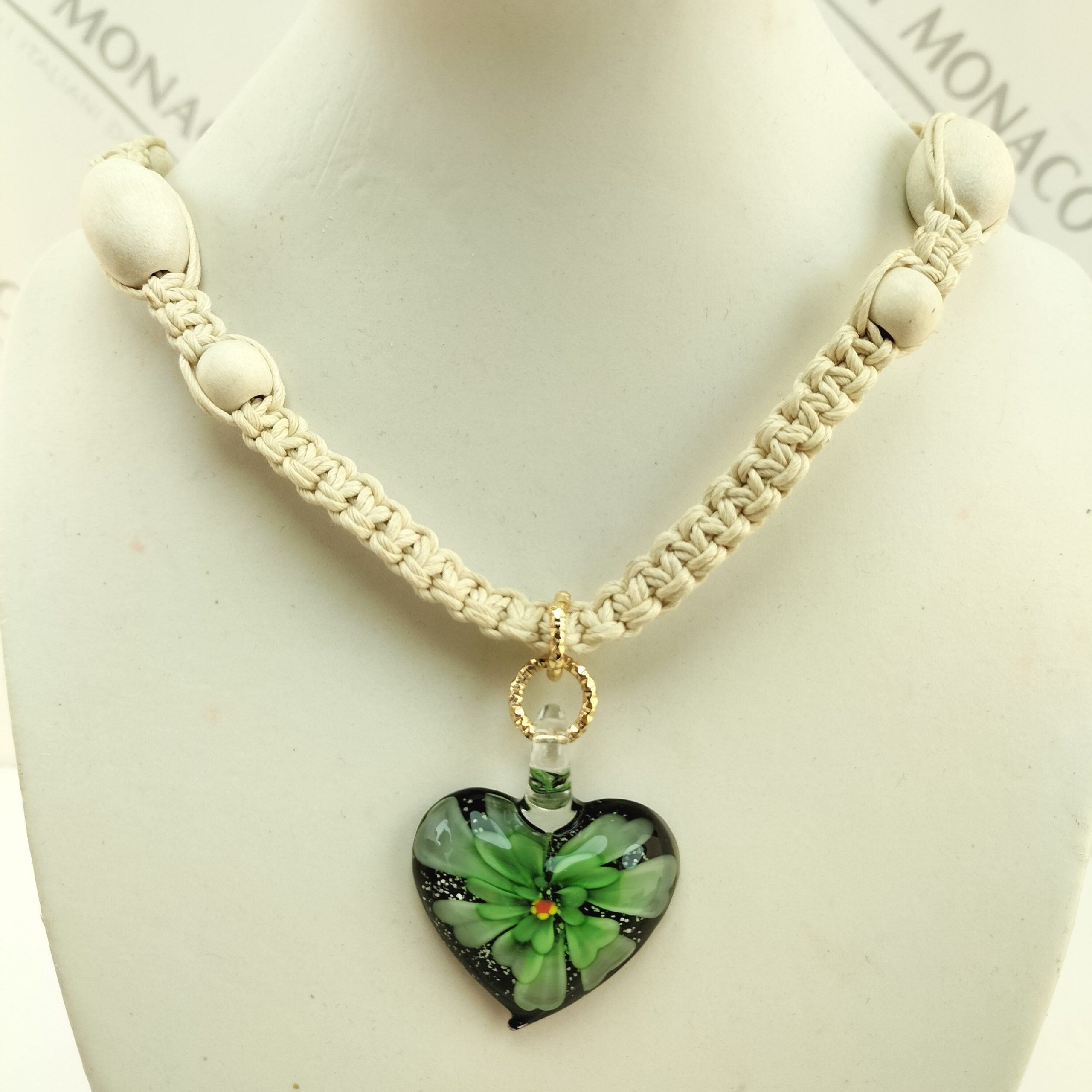 collana cuore vetro murano verde macrame'